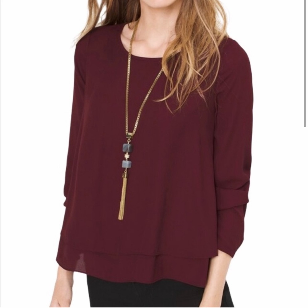 White House Black Market Kate double layered blouse size 14 burgundy